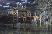 camera pans to show very nice CGI haunted mansion